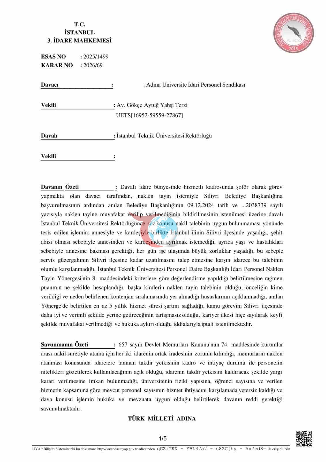 ÜNİPERSEN&rsquo;den tayin hakkı için emsal niteliğinde yargı kararı