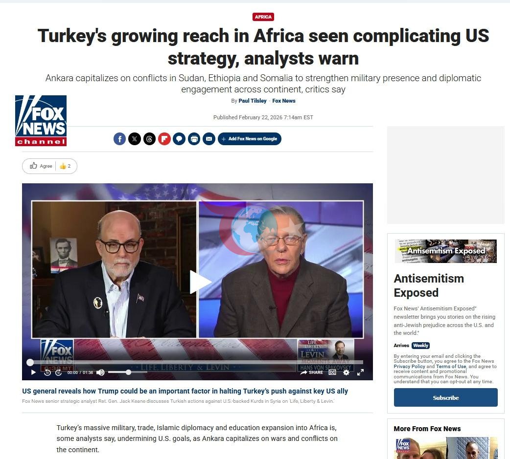 Fox News'in internet edisyonundaki 'Türkiye'nin Afrika'da artan erişimi ABD stratejisini zorlaştırdığı görüldü, analistler uyardı' başlıklı haberi