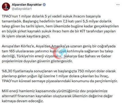 Bakan Bayraktar: TPAOnun 1 milyar dolarlık sukuk ihracını başarıyla tamamladık