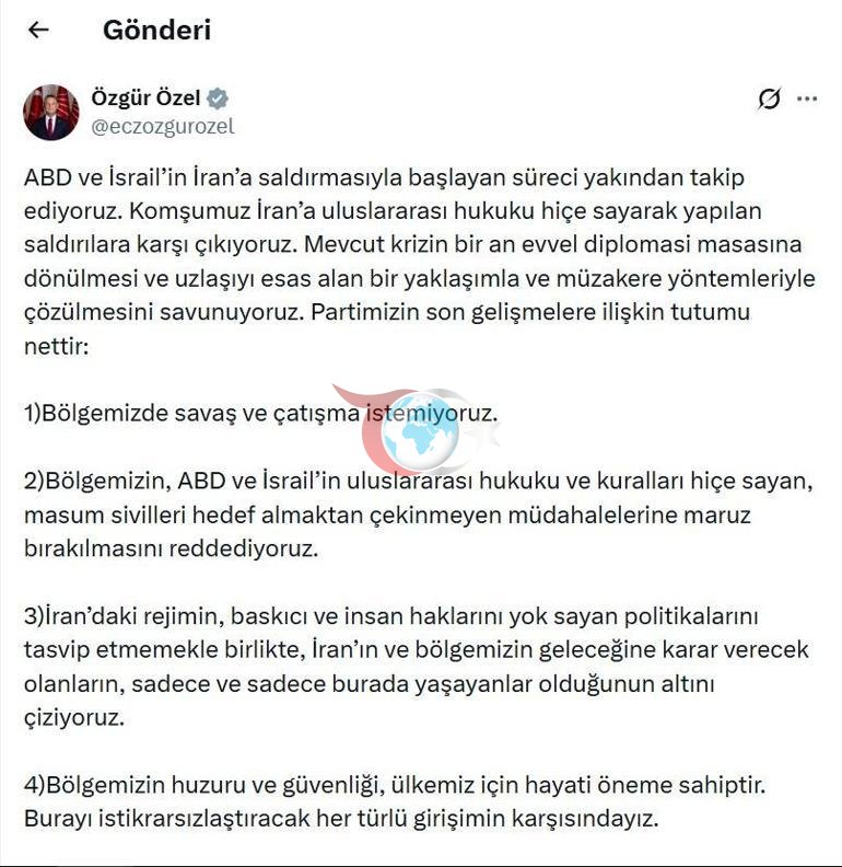 Özgür Özel: Bölgemizde savaş ve çatışma istemiyoruz