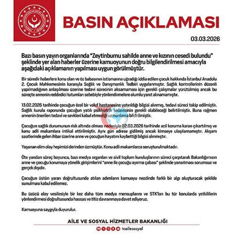 Bakanlฤฑktan Zeytinburnuโndaki anne ve รงocuk รถlรผmรผyle ilgili aรงฤฑklama