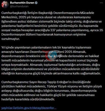 İletişim Başkanı Duran: 2025 yılı boyunca 337 yalanlama yayımlandı, 35 bülten hazırlandı