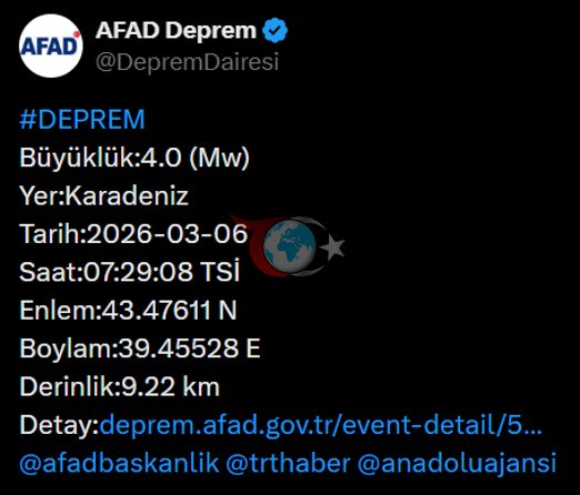 Karadenizde 4 büyüklüğünde deprem AFADdan açıklama