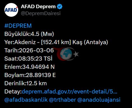 Son dakika... Antalyada 4.5 büyüklüğünde deprem