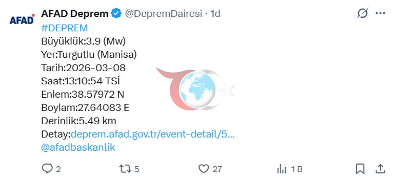 Son dakika... Manisa Turgutlu’da 3.9 büyüklüğünde deprem