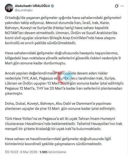 Bakan Uraloğlu: THY 20 Mart’a kadar İran seferlerini planlamadan çıkarmıştır