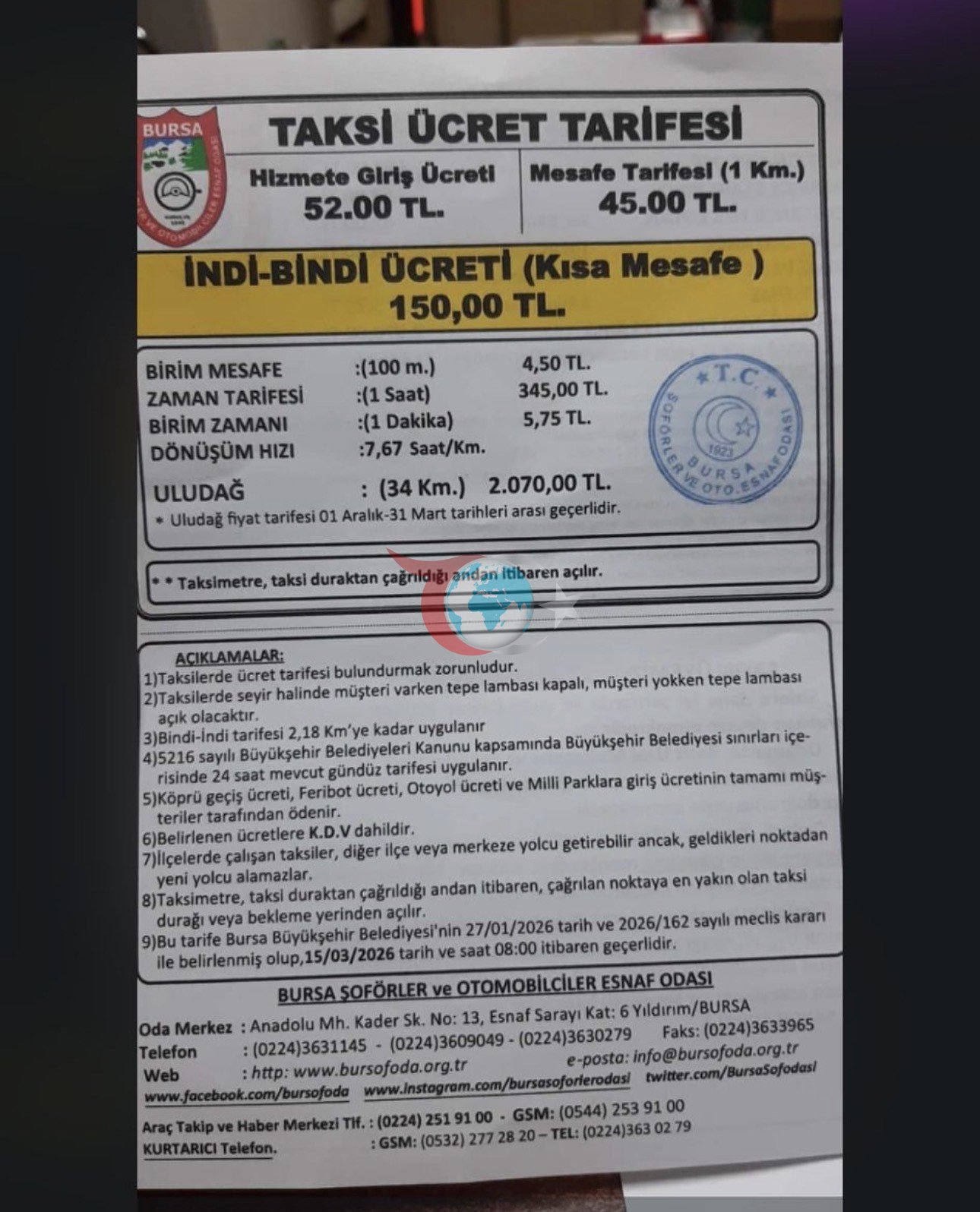 Bursa'da Taksi Ücretleri Güncellendi: Yeni Fiyatlar Duyuruldu