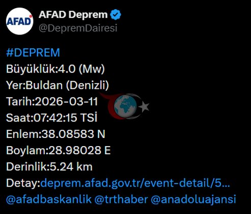 Denizlide 4 büyüklüğünde deprem