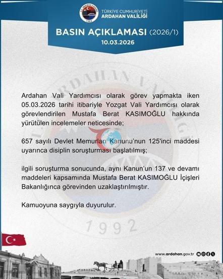 Vali Yardımcısı Kasımoğlu, görevinden uzaklaştırıldı