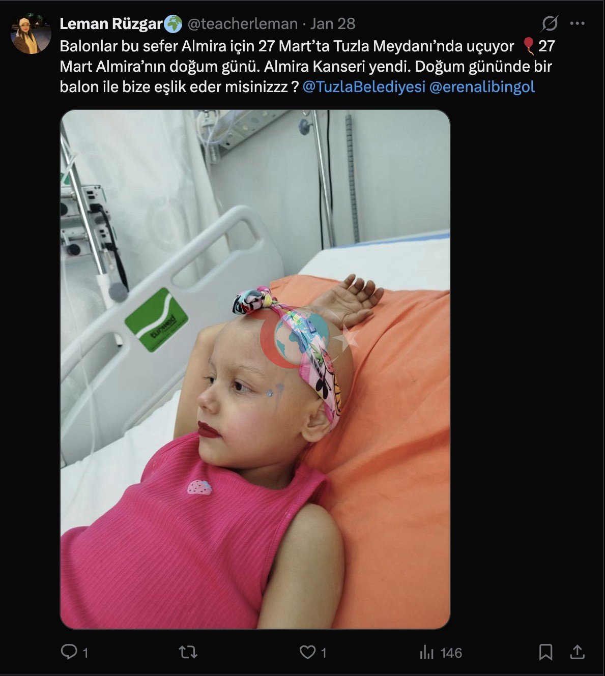 Kanseri yenen Almira için Tuzla&rsquo;da 22 Mart&rsquo;ta gökyüzü balonlarla donatılacak