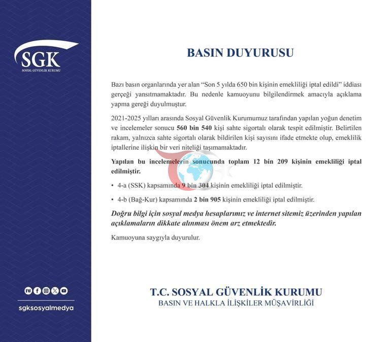 SGKdan 650 bin kişinin emekliliği iptal edildi iddialarına ilişkin açıklama