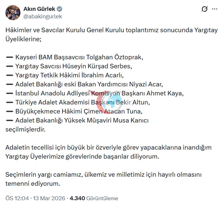 Yargıtay üyeliklerine yeni atamalar 8 ismi Bakan Gürlek açıkladı