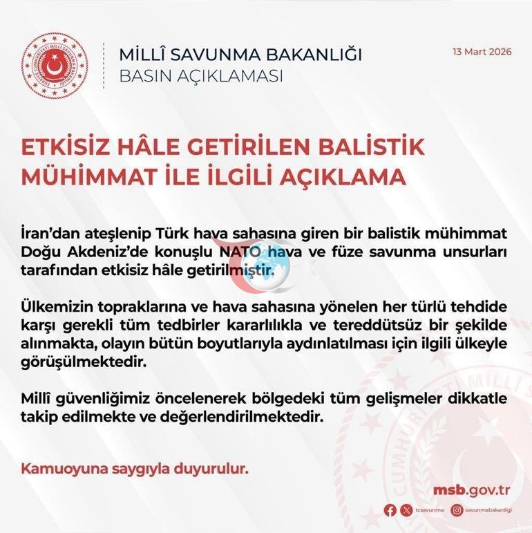 MSB: İrandan ateşlenen balistik mühimmat etkisiz hale getirildi