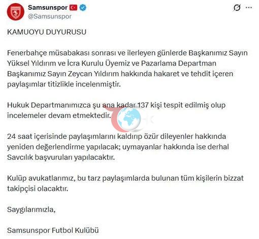 Samsunspor, hakaret ve tehdit paylaลฤฑmlarฤฑ iรงin 137 kiลi hakkฤฑnda hukuki iลlem baลlatacak
