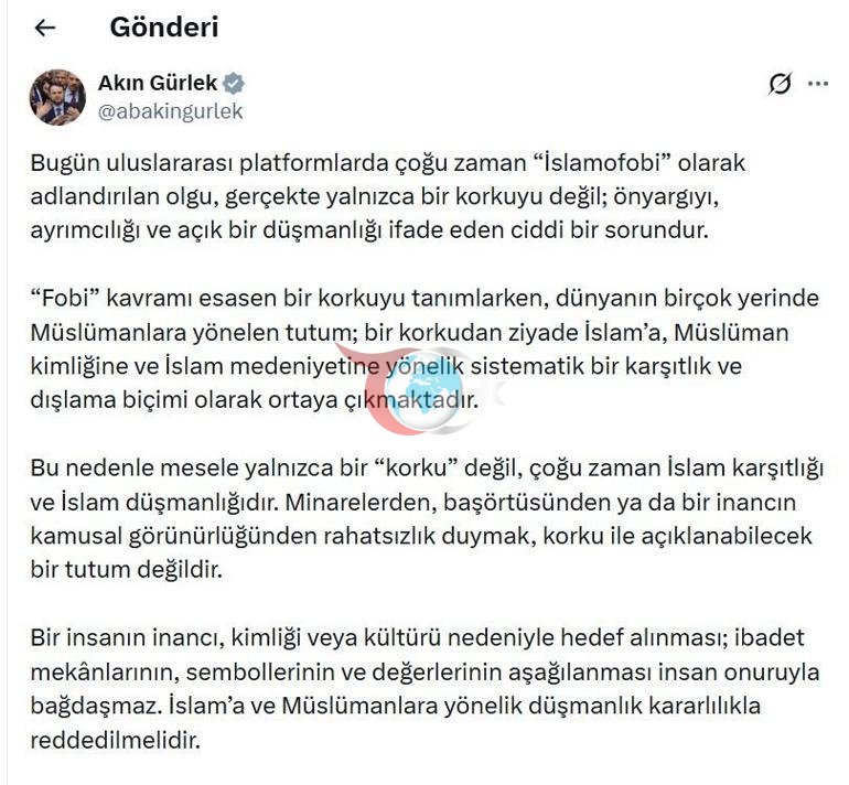 Bakan Gürlek: İslam’a ve Müslümanlara yönelik düşmanlık kararlılıkla reddedilmelidir