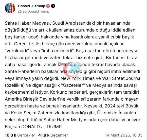 Trump'ın 14 Mart 2026 tarihinde yayınladığı ve medya kuruluşlarını hedef alan paylaşımı
