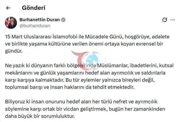 Burhanettin Duran’dan İslamofobi ile Mücadele Günü mesajı