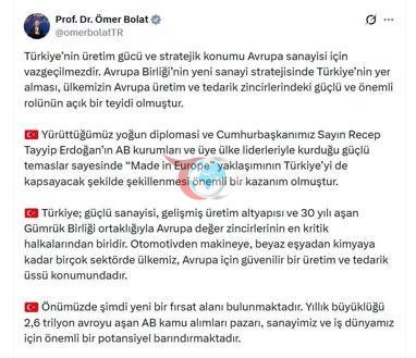 Bakan Bolat: Made in Europe yaklaşımı önemli bir kazanım oldu