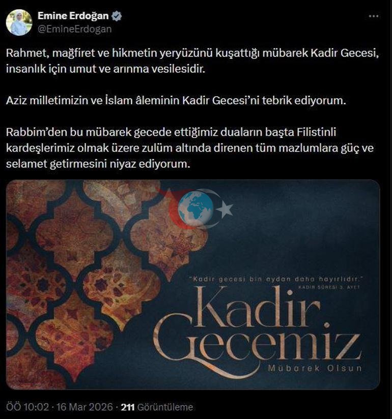 Emine Erdoğandan Kadir Gecesi mesajı