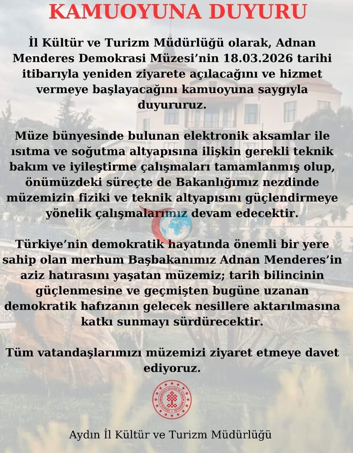 Adnan Menderes Demokrasi Müzesi yeniden kapılarını açıyor
