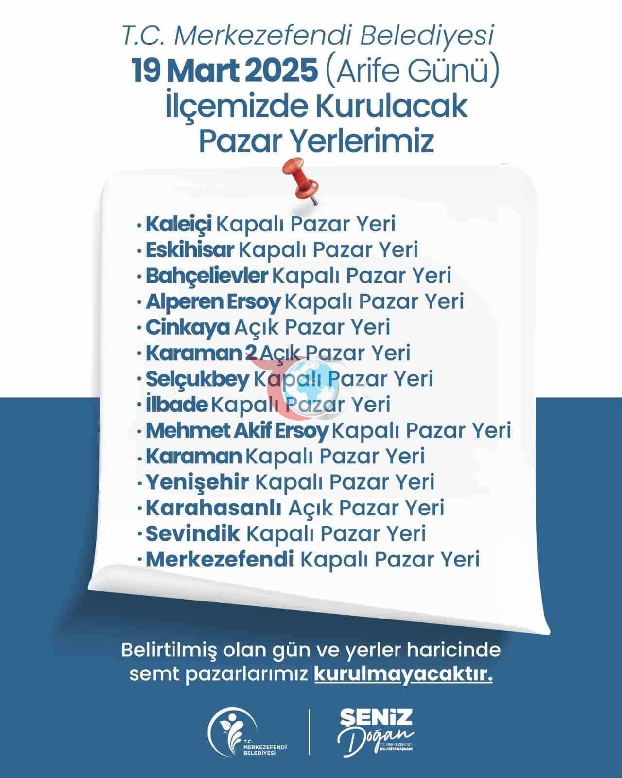Merkezefendi&rsquo;de pazar yerleri 19 Mart Arife günü kurulacak