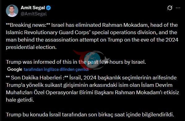 İsrailli gazeteci Amit Segal'ın paylaşımı