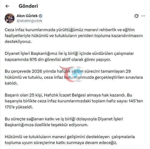 Bakan Gürlek: Ceza infaz kurumlarımızdaki hafız sayısı 170e yükseldi