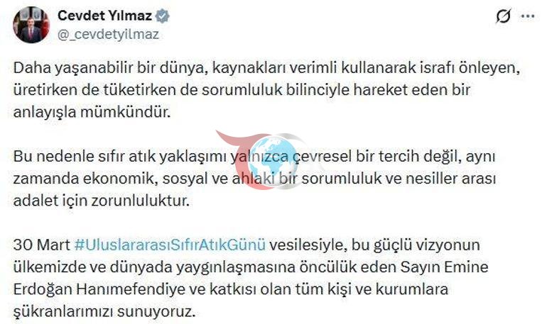 Cevdet Yılmazdan Uluslararası Sıfır Atık Günü mesajı