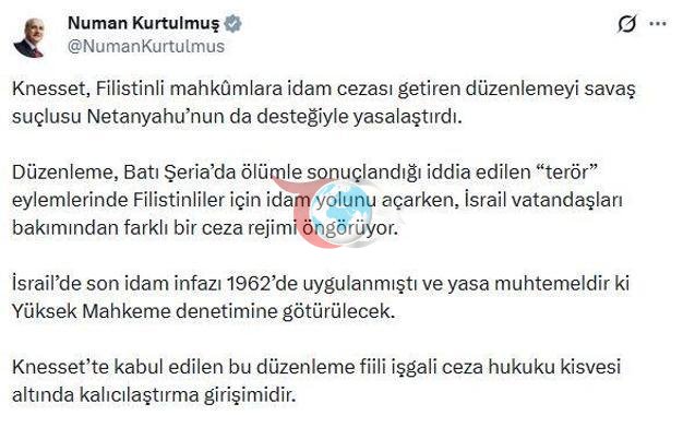 Kurtulmuş: Bir topluluğa idam, diğerine başka yaptırım öngören yaklaşım apaçık zulümdür