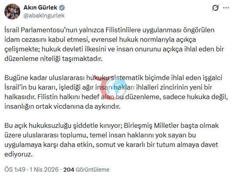 Bakan Gürlek: Yalnızca Filistinlilere uygulanan idam cezası evrensel hukukla açıkça çelişmekte