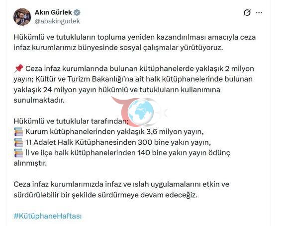 Bakan Gürlek: 24 milyon yayın hükümlü ve tutukluların kullanımına sunuluyor