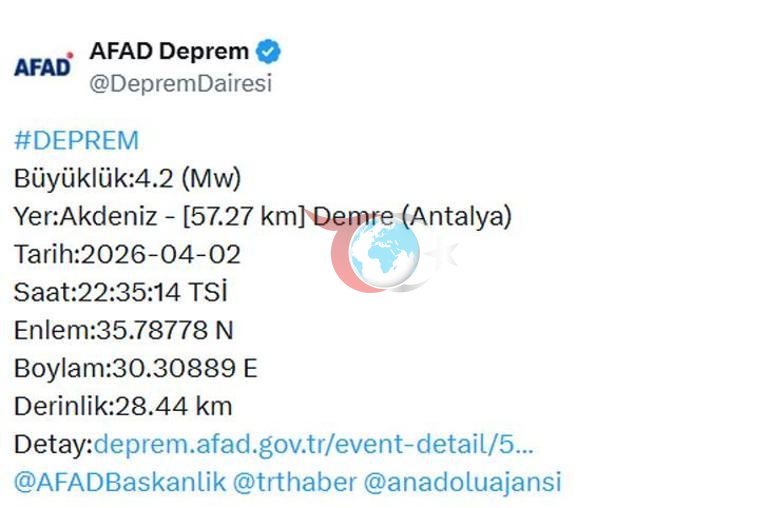 Son dakika... Akdenizde 4,2 büyüklüğünde deprem