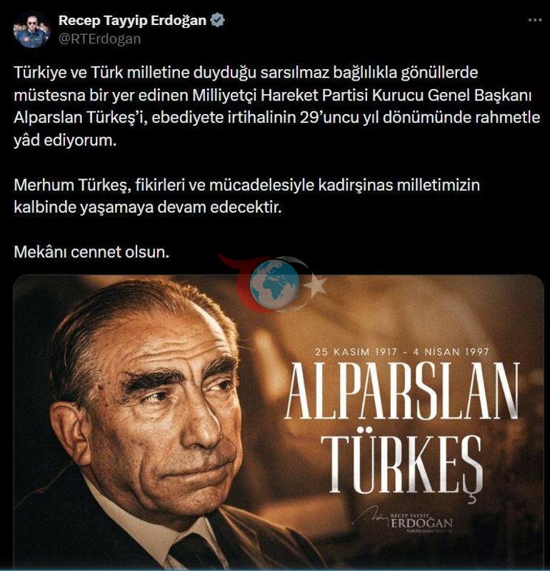 Cumhurbaşkanı Erdoğan, Türkeşi vefatının 29uncu yılında andı