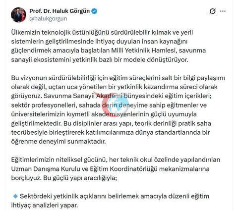 Haluk Gรถrgรผnden Savunma Sanayii Akademi paylaลฤฑmฤฑ