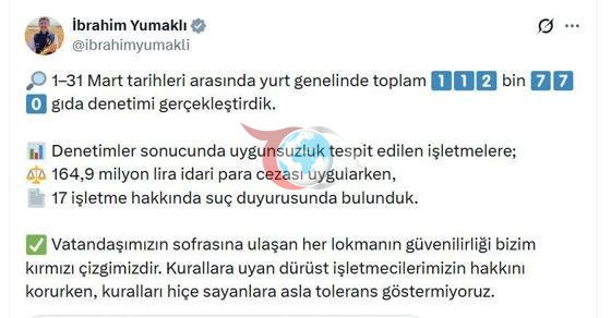 Bakan Yumaklı: Martta 112 bin 770 gıda denetimi gerçekleştirdik