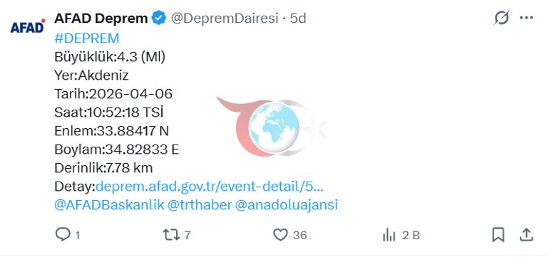 Son dakika... Akdenizโde 4.3 bรผyรผklรผฤรผnde deprem