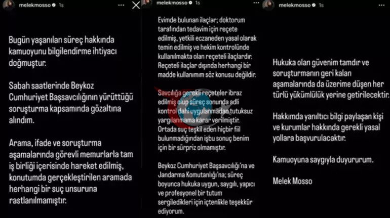 Uyuşturucu soruşturmasında gözaltına alınan Melek Mosso'dan açıklama