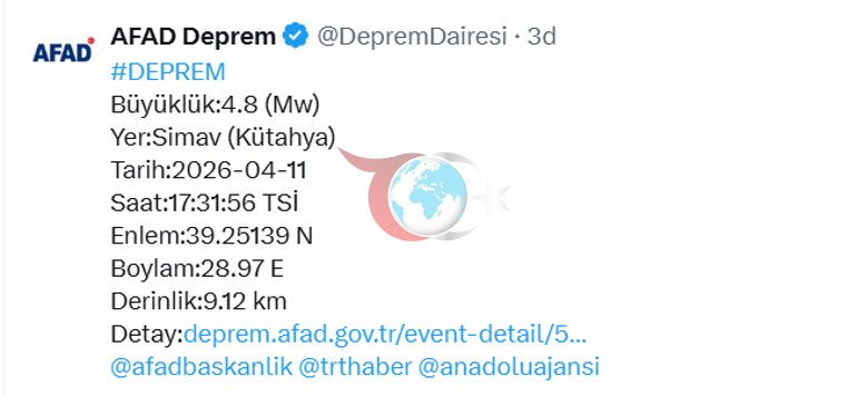 Son dakika: Kütahyada 4.8 büyüklüğünde deprem