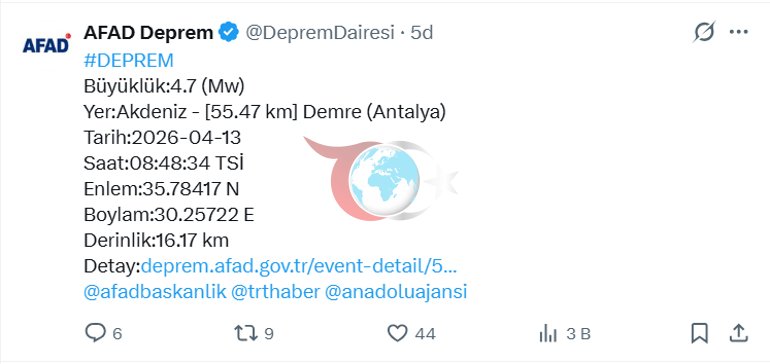 Son dakika... Antalya’nın Demre ilçesi açıklarında 4.7 büyüklüğünde deprem