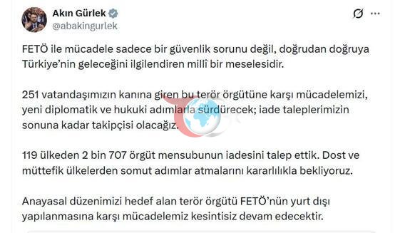 Bakan Gürlek: 2 bin 707 FETÖ mensubunun iadesini talep ettik