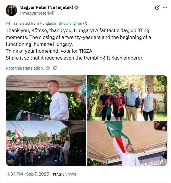 Peter Magyar'ın X'te yayınladığı gönderinin bir ekran görüntüsü.