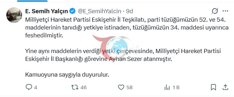 Son dakika... MHP Eskiลehir ฤฐl Teลkilatฤฑ feshedildi, yeni baลkan atandฤฑ