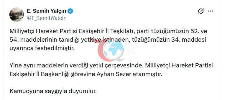 MHPli Yalçın: Eskişehir İl Teşkilatı feshedildi