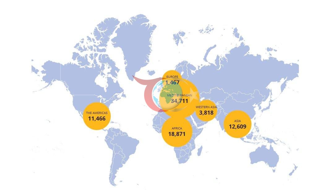 Olayın meydana geldiği bölgeye göre, 2014'ten bu yana göç sırasında kaydedilen ölümler (missingmigrants.iom.int)