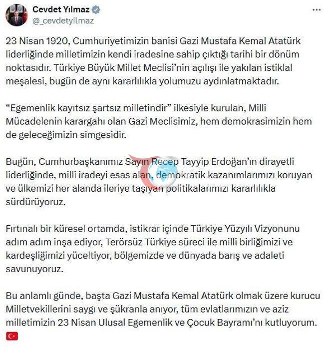 Cevdet Yılmazdan 23 Nisan mesajı