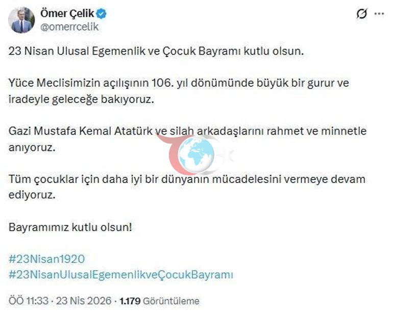AK Partili Çelik: 23 Nisan Ulusal Egemenlik ve Çocuk Bayramı kutlu olsun