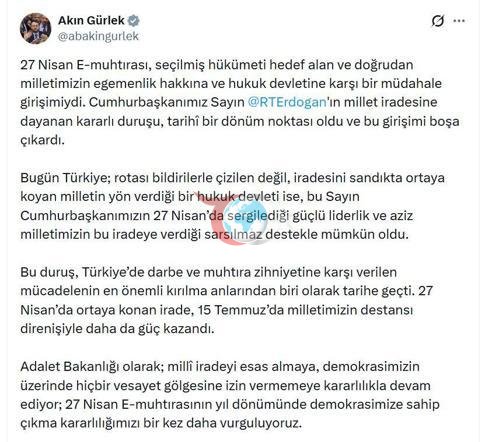 Bakan Gürlekten 27 Nisan e-muhtıra mesajı