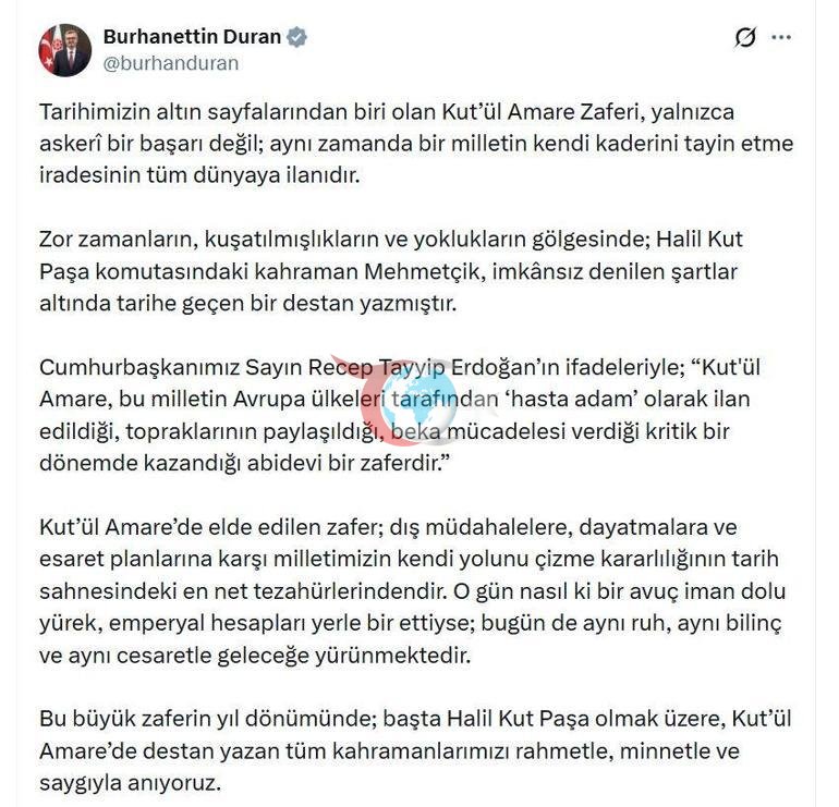 İletişim Başkanı Durandan Kutül Amare Zaferi paylaşımı
