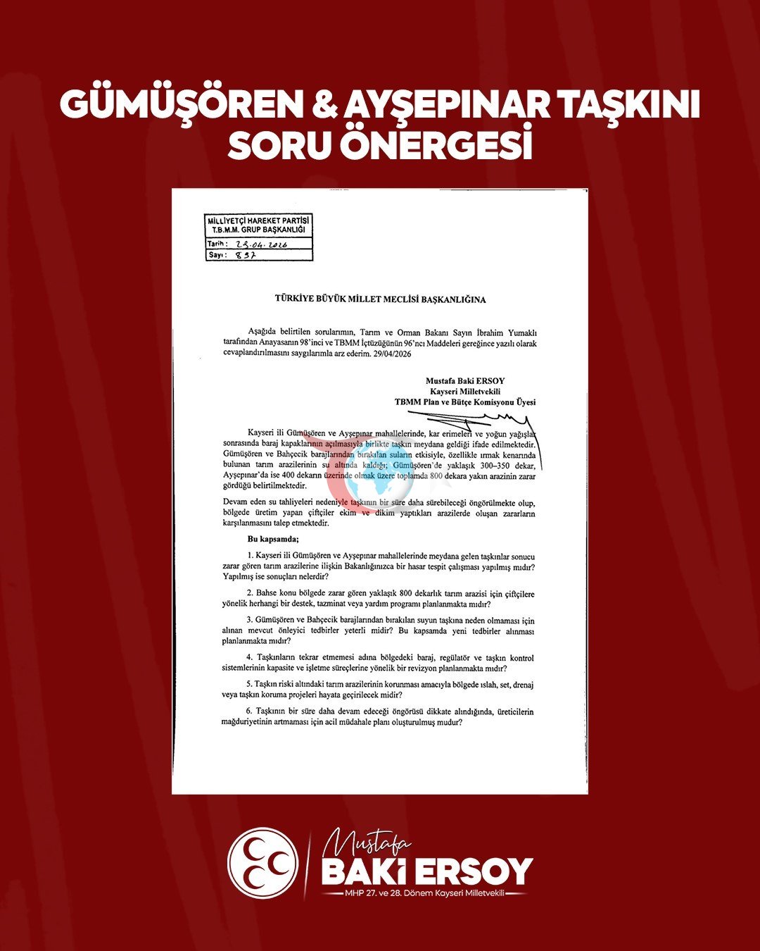 Baki Ersoy’dan Tarım ve Orman Bakanlığı’na ‘taşkın soru önergesi’