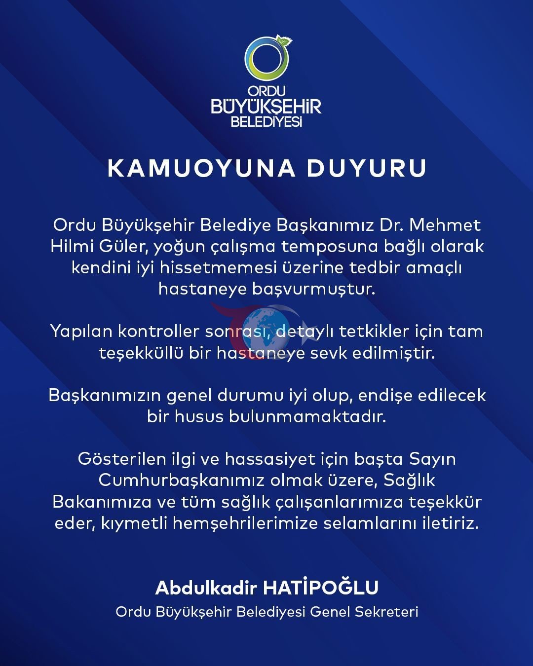 Ordu Büyükşehir Belediye Başkanı Güler hastaneye kaldırıldı